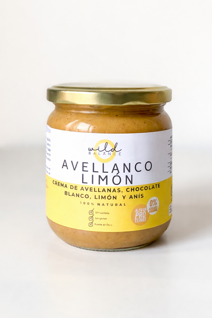 AVELLANCO LIMÓN - Crema de avellanas, chocolate blanco sin azúcar, limón y anís 100% natural y saludable - 350 gr